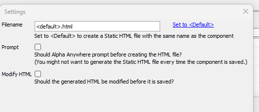 The configuration dialog for defining properties of a static HTML file.